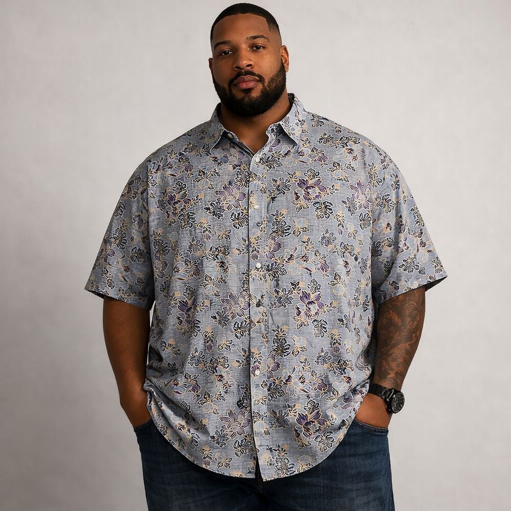 Floral Button Up Shirt Botanical Print Short Sleeve Y2K Casual 3XLT Blue Tall